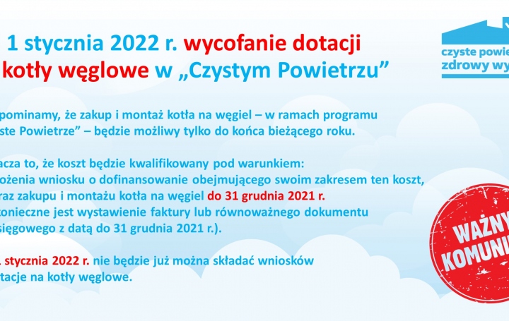 Od 1 stycznia 2022 r. wycofanie dotacji na kotły węglowe w „Czystym Powietrzu”